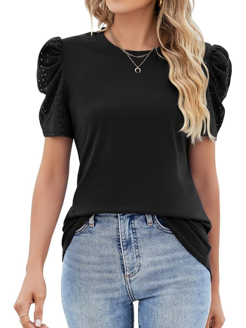 Puff Short Sleeve Shirt for Women Eyelet Tops Summer Crewneck Blouse Loose Fit S